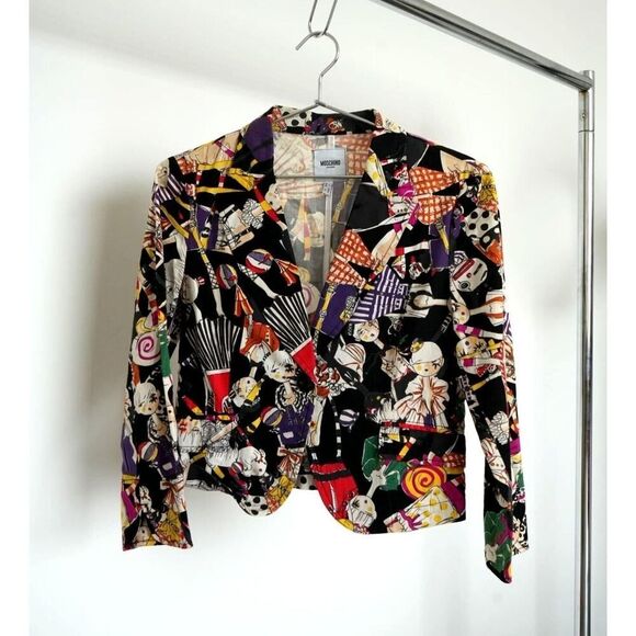 Vintage Moschino Jeans Clown Dolls Circus Print Blazer Jacket Size 8 Women's
